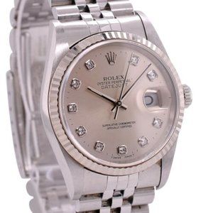 ROLEX DATEJUST SILVER SQUARE DIAMOND DIAL STEEL FLUTED JUBILEE WATCH 36 MM 16234